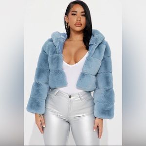 NWT. Fashion Nova Light Blue Faux Fur with Hood Crop Coat.
